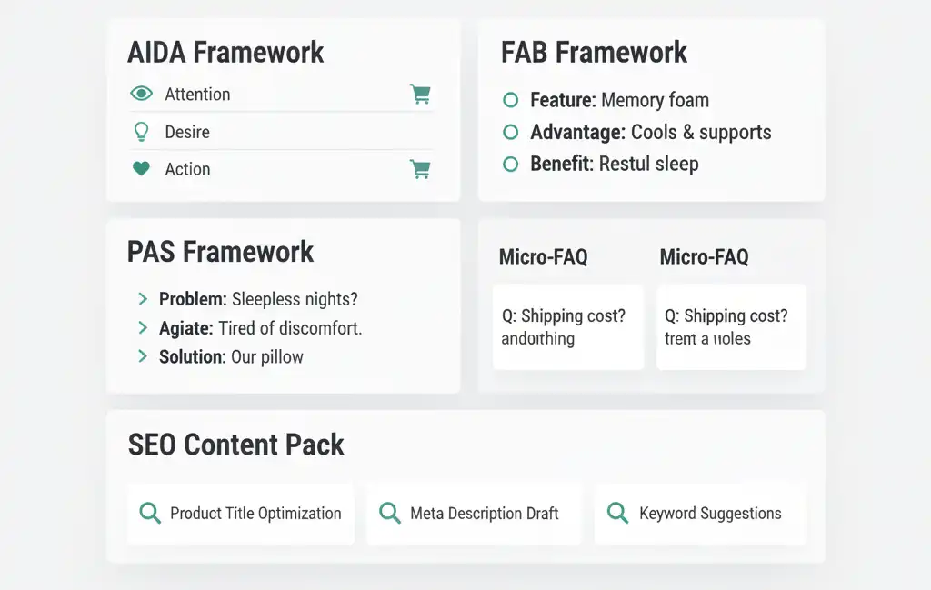 Grid preview of AIDA, PAS, FAB bullets, micro‑FAQs, and SEO pack sections for consistent product copy